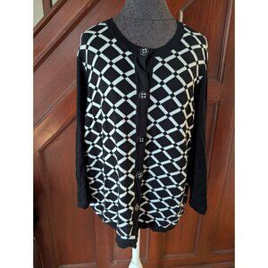 Chaus Womens 2X Black & White Diamond Pattern Button-Front Cardigan Sweater